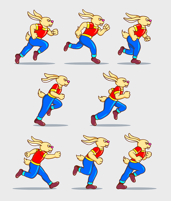 A series of illustrations of an animated rabbit running against a light grey background. 

