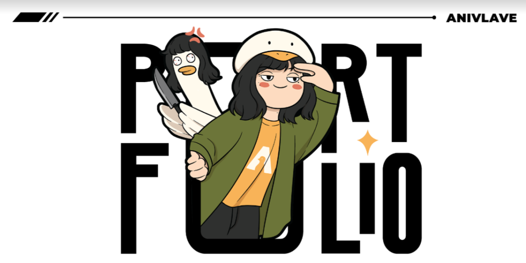 A Page Flows screenshot of Alvina Dwi’s portfolio cover page from Behance showing her as a cartoon character.