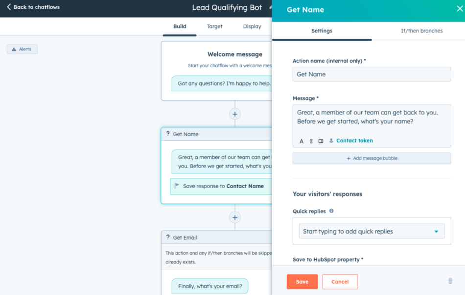 Page Flows screenshot of Hubspot Chatbot's Chatflow Builder Conversation.
