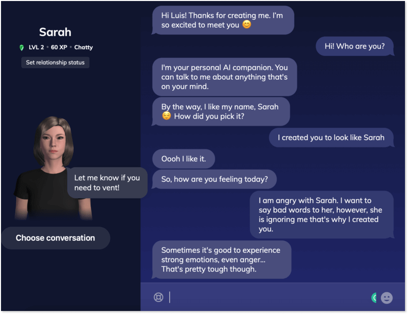 Page Flows screenshot of Replika's chatbot.
