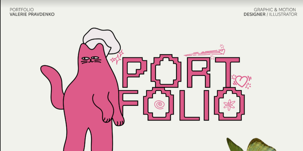 A Page Flows screenshot of Valerie Praavdenko 's portfolio from Behance showing the word “portfolio” with clean pink colors.