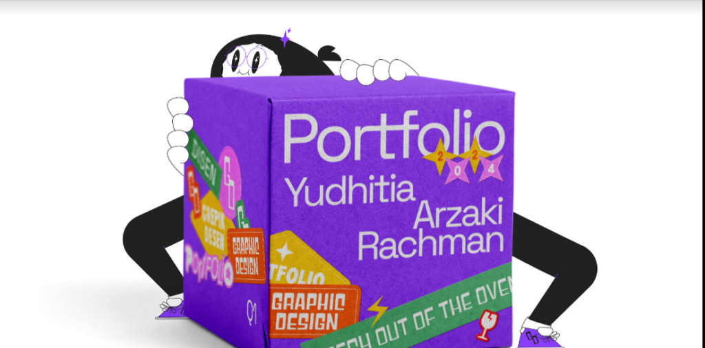 A Page Flows screenshot of Yudhitia Arzaki Rachman's portfolio cover page from Behance showing a cube with colorful writing.