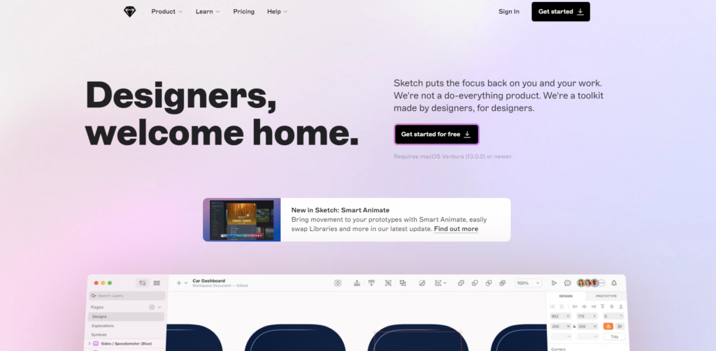 A Page Flows screenshot of Sketch’s homepage. 
