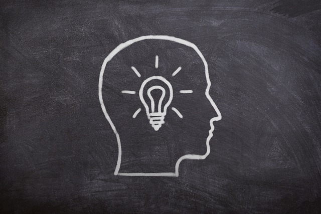 A chalk drawing of a head with a shining lightbulb inside of it on a black chalkboard. 
