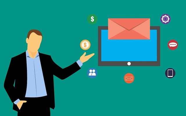 An illustration of a businessman pointing to a screen surrounded by a group of colorful icons.