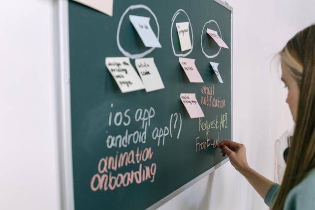 A person writing information about designing iOS and Android apps on a blackboard.