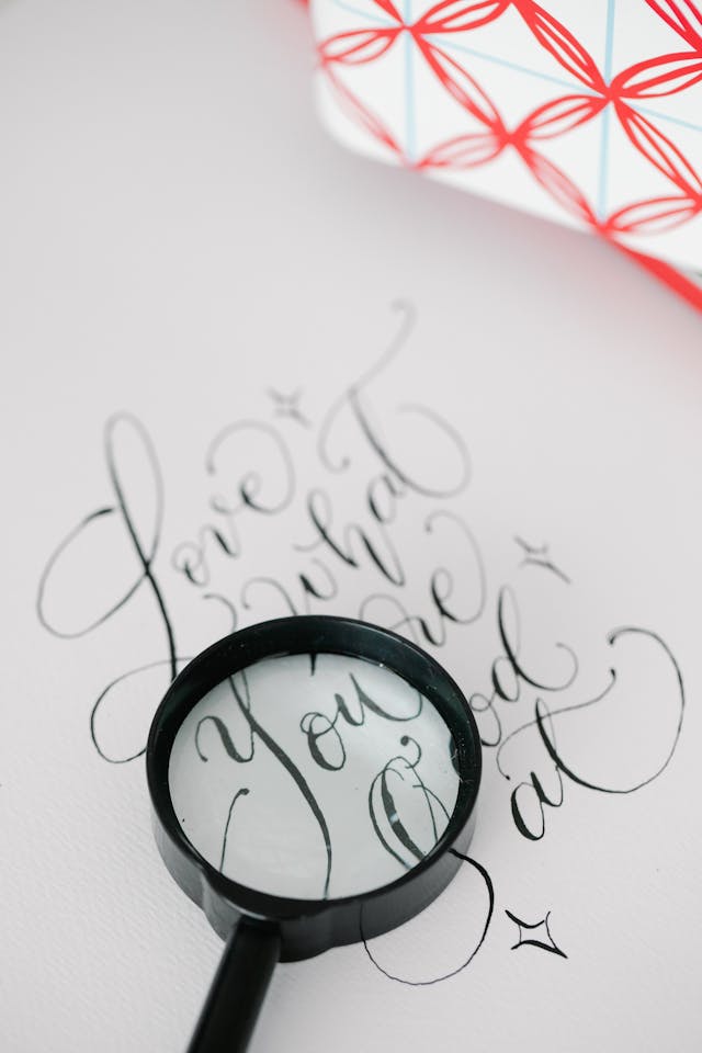 A close-up of a magnifying glass on top of a piece of paper containing calligraphic handwriting.
