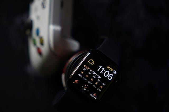 A smartwatch showing information from a weather app.