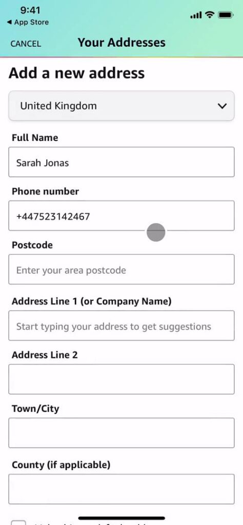 Page Flows screenshot of the “Add new address” page on the Amazon Shopping app.
