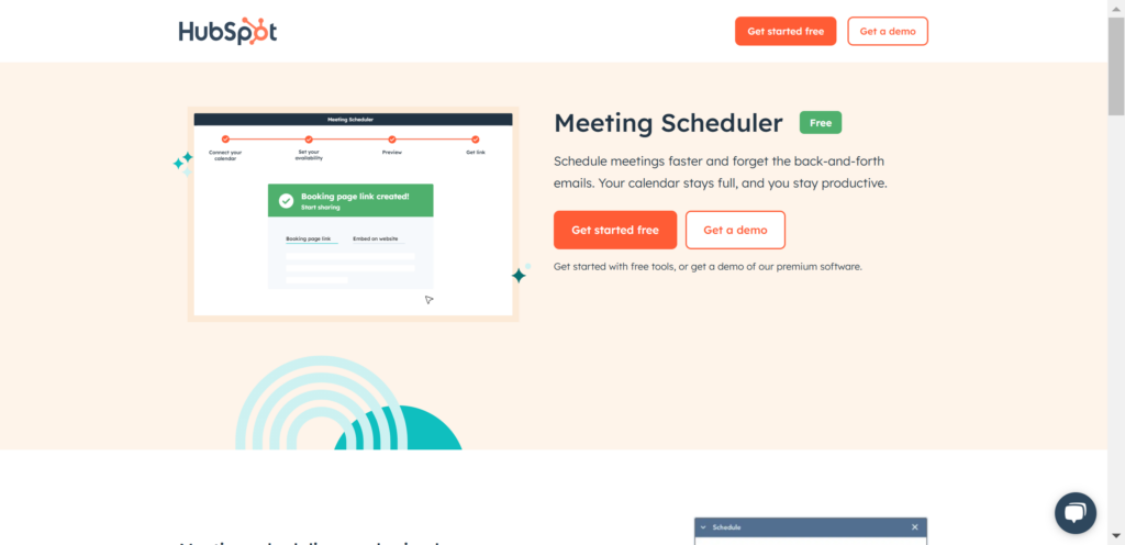 A Page Flows screenshot of HubSpot's meeting scheduler landing page with above-the-fold strategy.
