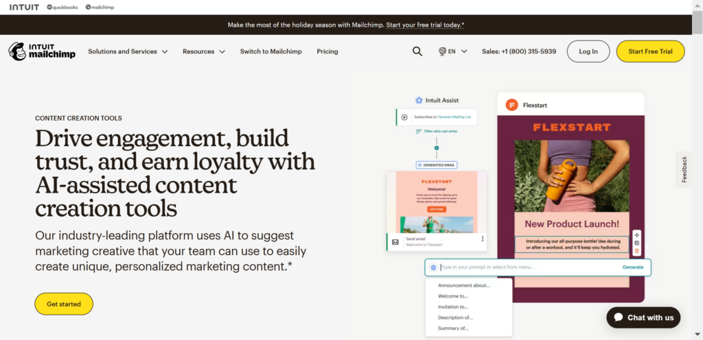 A Page Flows screenshot of MailChimps' landing page for content creation.
