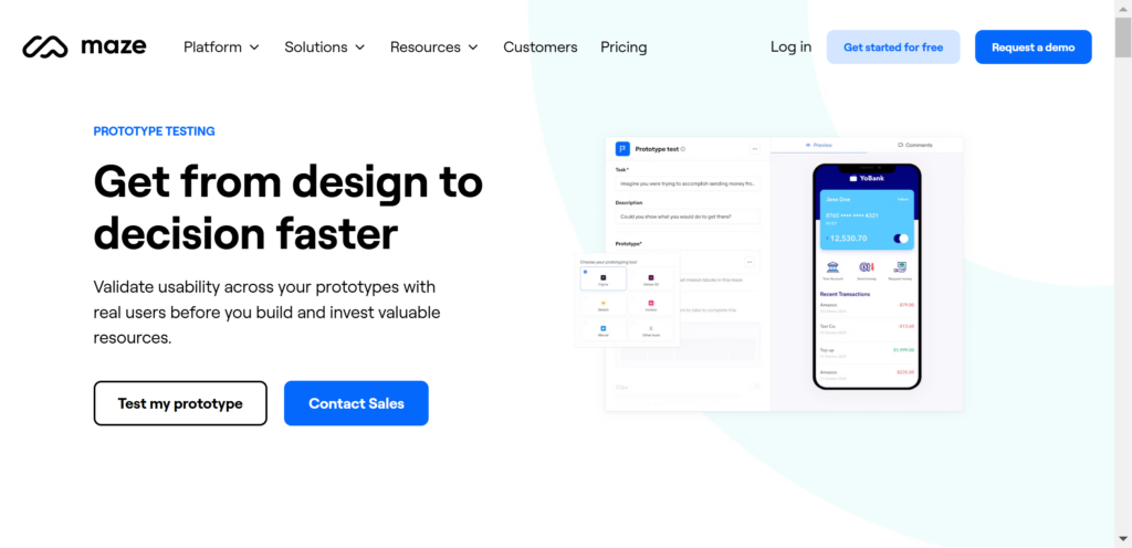 A Page Flows screenshot of Maze's landing page for prototype testing.
