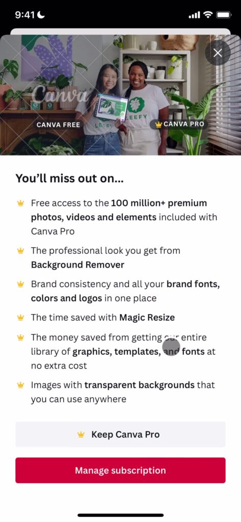 Page Flows screenshot of canceling a subscription on Canva.