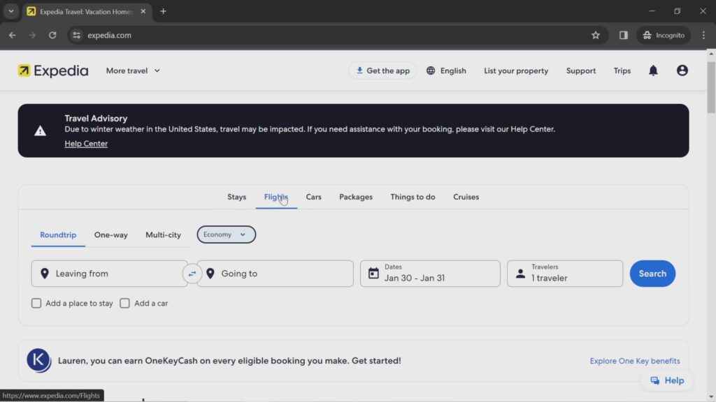 Page Flows screenshot of finding flights on Expedia.