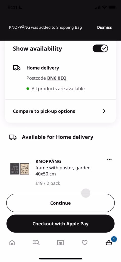 Page Flow’s screenshot of Ikea’s delivery and pick-up options on mobile.
