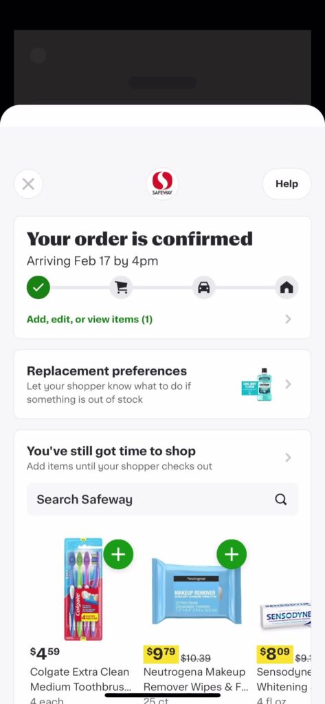 Page Flow’s screenshot of Safeway’s confirmation with clear delivery time.
