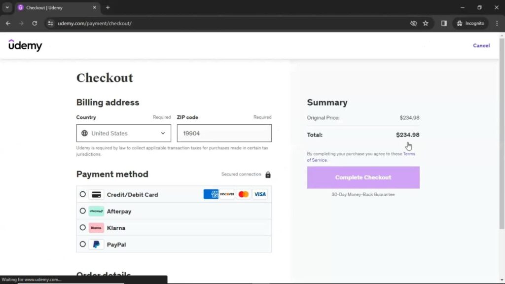 Page Flow’s screenshot of Udemy’s checkout page with different payment options.
