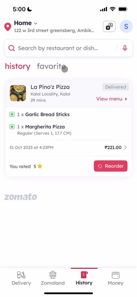 Page Flow’s screenshot of Zomato’s checkout history on mobile.
