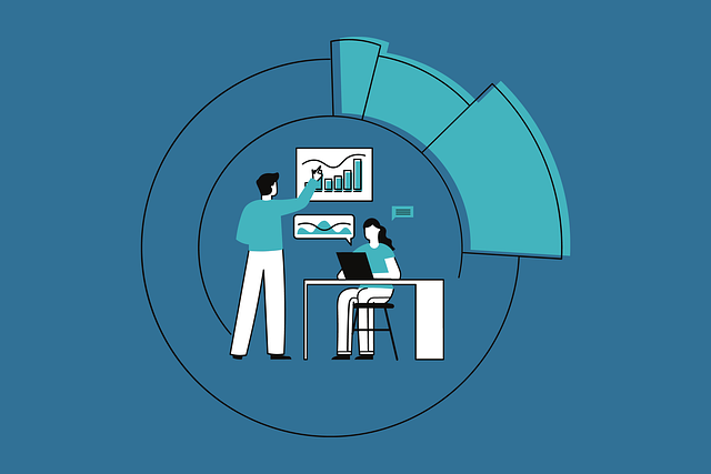 An illustration of one person working on their laptop while another person points at a bar chart.