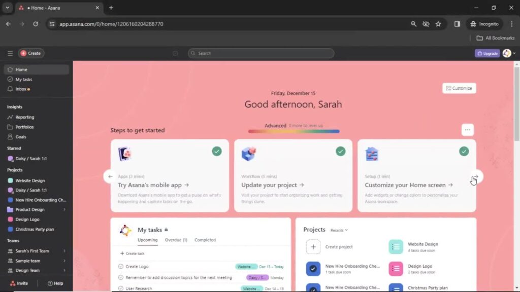 Page Flows screenshot of the homepage on Asana.