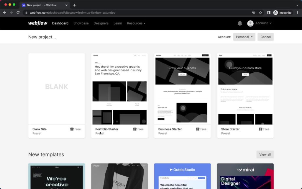Page Flows screenshot of selecting a template on Webflow.