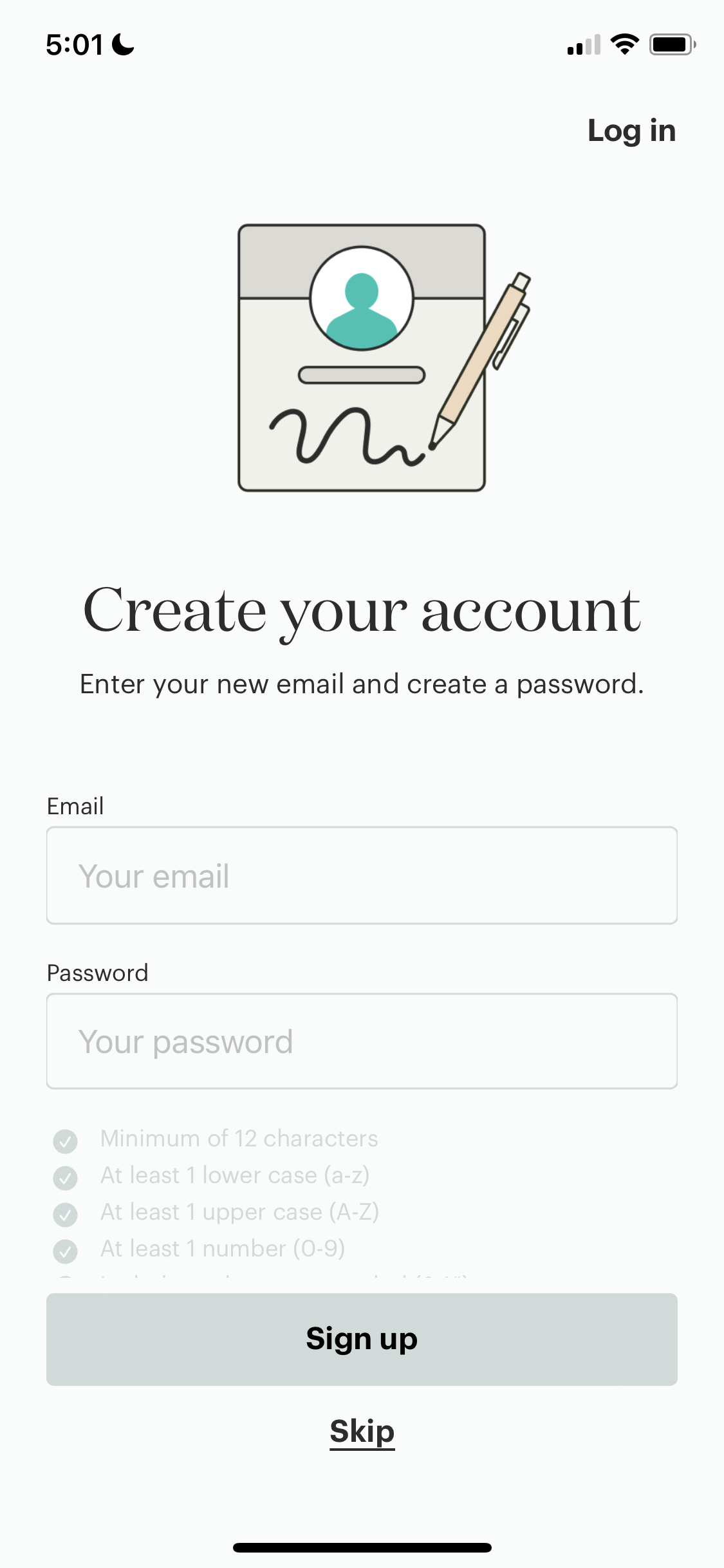 signup screen.